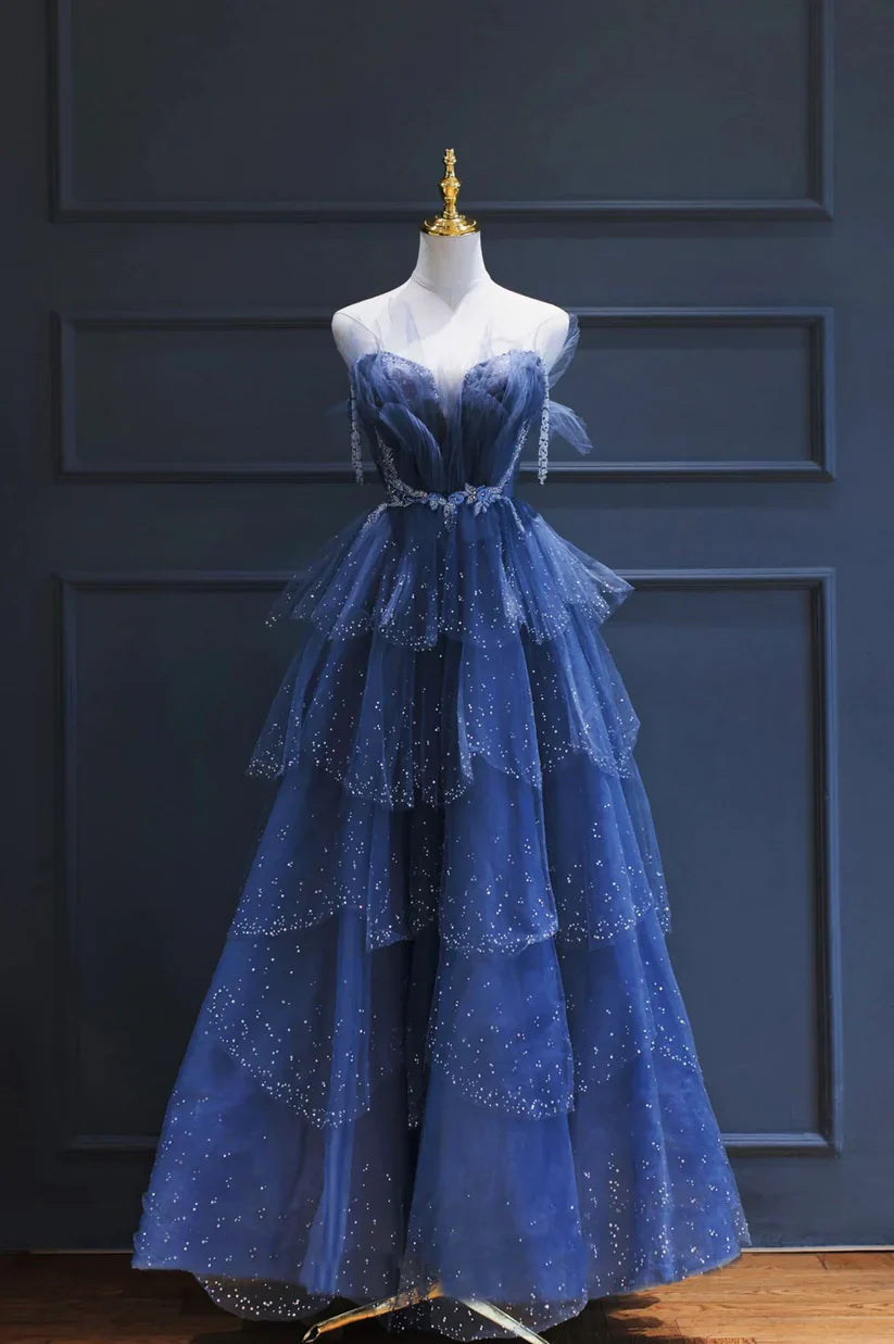 Vintage Blue Beaded Design Elegant A-Line Chiffon Tulle Evening Dress Prom Dress TP4121