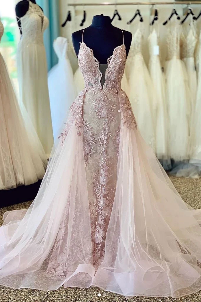 Spaghetti Straps Beads Appliques V Neck Pink Prom Dresses with Detachable Train  gh2085