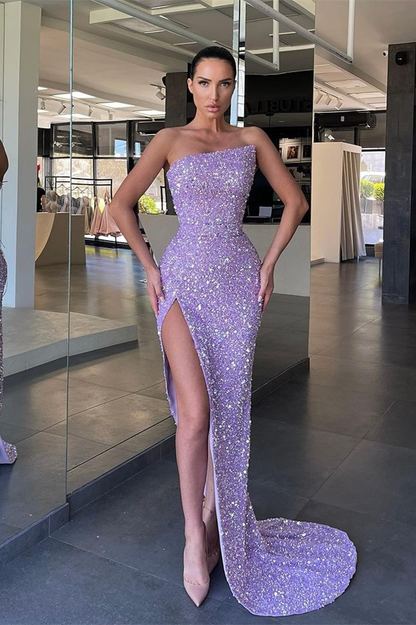 Fabulous Lilac Strapless Sequins Evening Dress Mermaid Long With Split gh2038