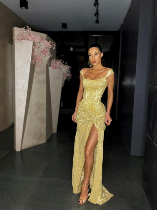 Yellow shiny sequins long fashion sleeveless slit sexy ball gown evening dress gh2087