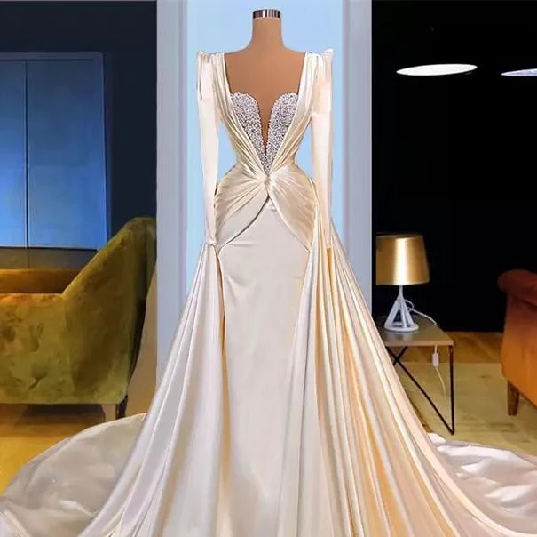 Mermaid Evening Dresses Satin Off The Shoulder Beaded Train Formal Gowns   gh2176