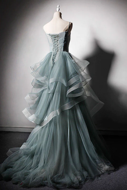 GREEN TULLE LACE LONG PROM DRESS, GREEN EVENING DRESS   gh2300