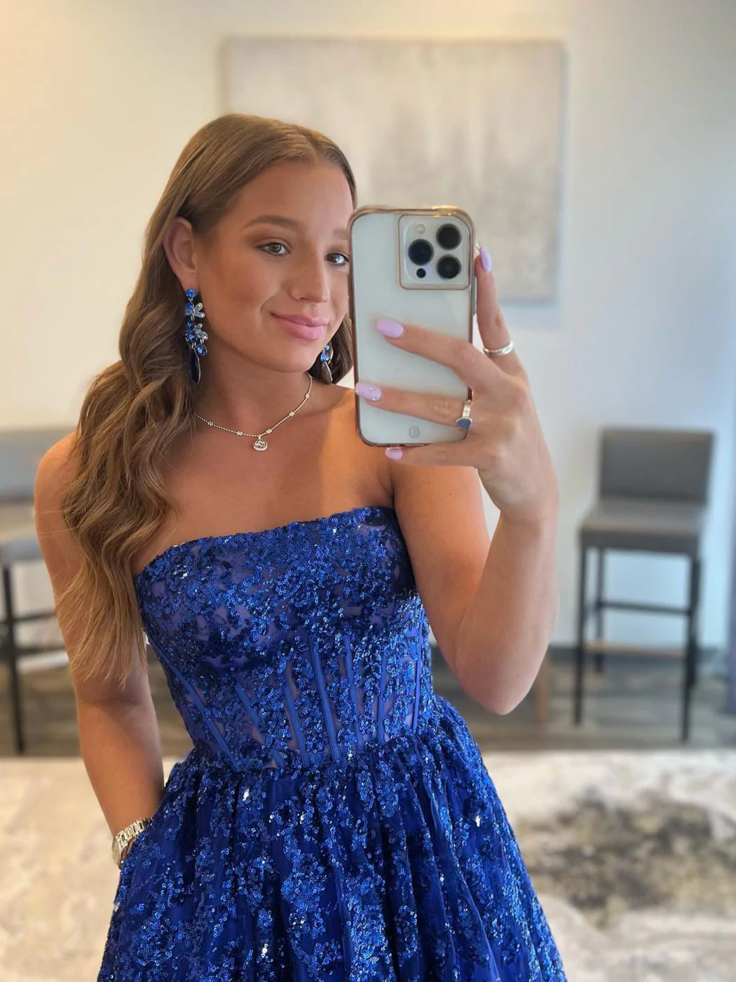 Blue A line tulle sequin long prom dress, blue tulle evening dress  gh2213
