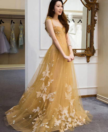 Champagne tulle lace long prom dress, tulle lace evening dress gh2231