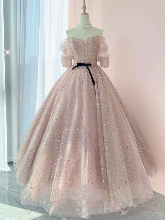 Champagne tulle long prom dress, tulle long evening dress  gh2260