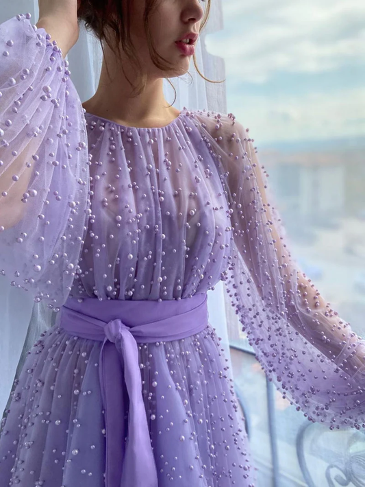 Purple round neck tulle beaded long ball gown, purple evening dress gh2150