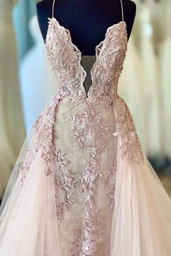 Spaghetti Straps Beads Appliques V Neck Pink Prom Dresses with Detachable Train  gh2085