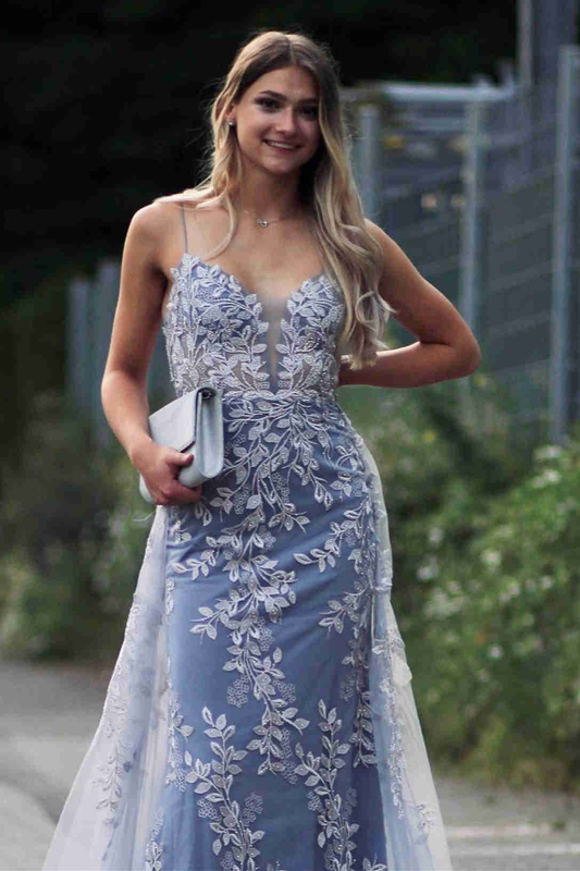 Stunning Dsuty Blue Tulle Long Formal Dress with Appliques gh2305