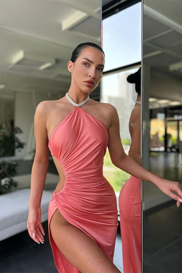Modern Halter Sleeveless Mermaid Prom Dress Split Long Online  gh2036