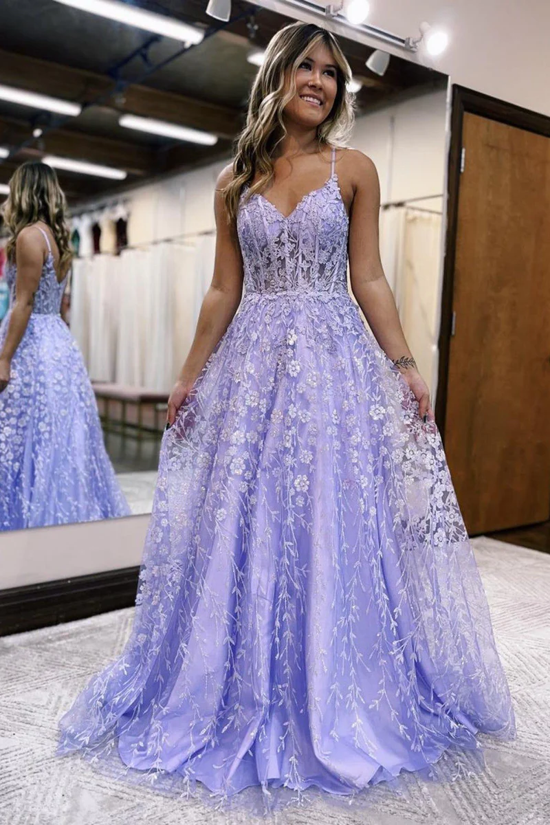 A Line Spaghetti Straps Lilac Corset Prom Dress with Appliques gh2675