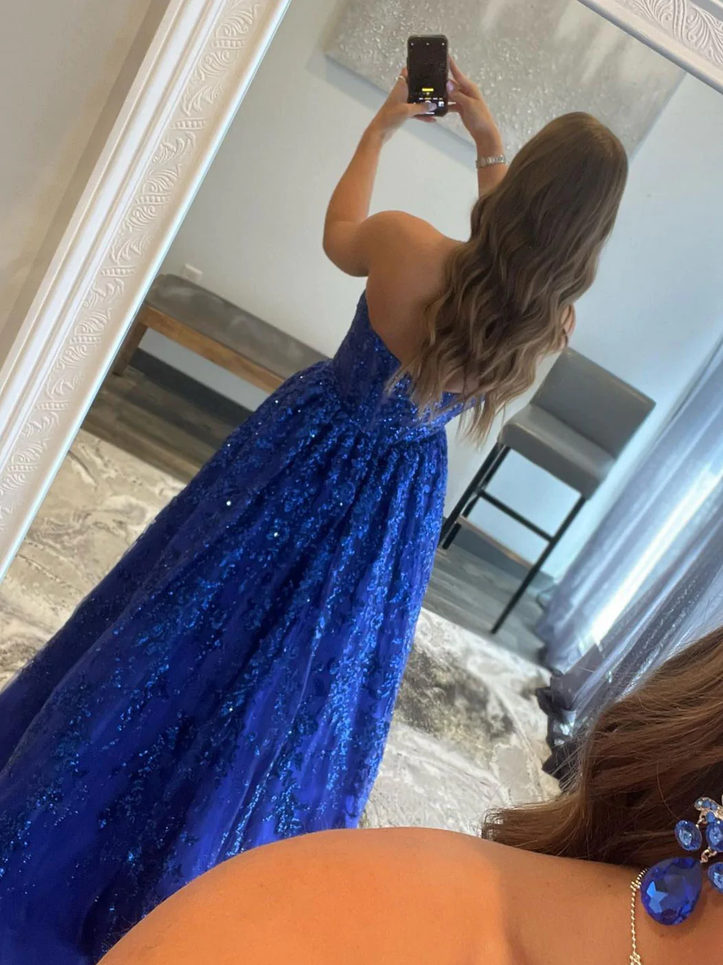 Blue A line tulle sequin long prom dress, blue tulle evening dress  gh2213