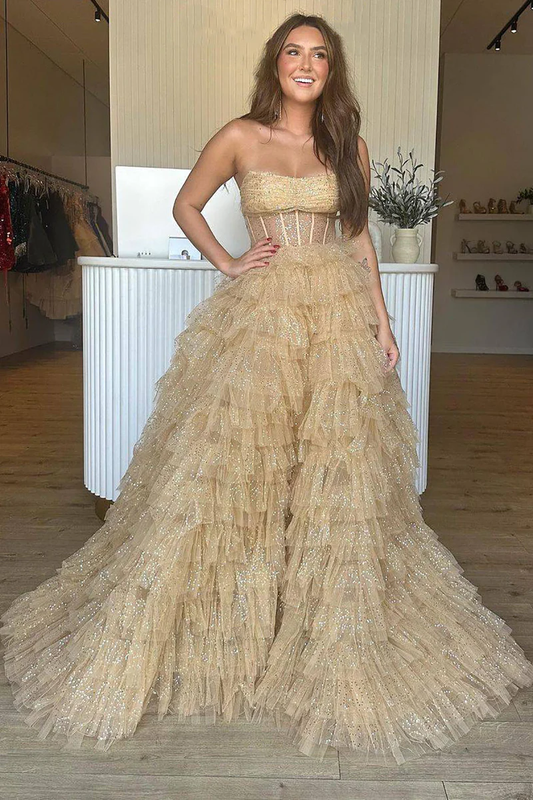 A Line Strapless Corset Glitter Tulle Prom Dress with Ruffles gh2683