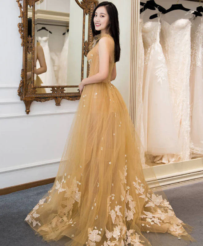 Champagne tulle lace long prom dress, tulle lace evening dress gh2231