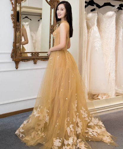 Champagne tulle lace long prom dress, tulle lace evening dress gh2231