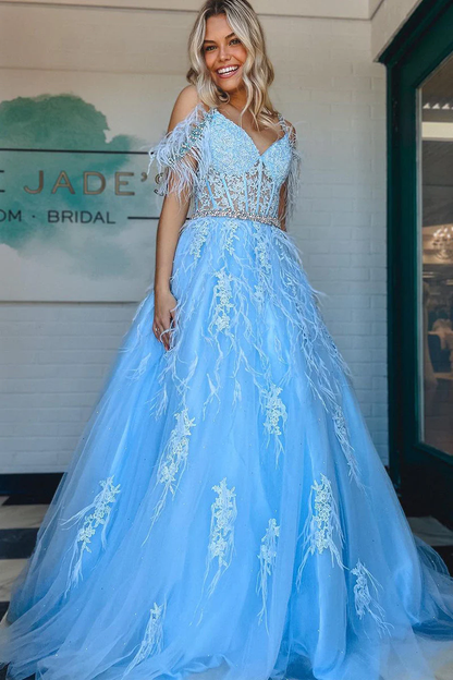 A line V Neck Lace Tulle Prom Dress with Beading and Feather gh2688