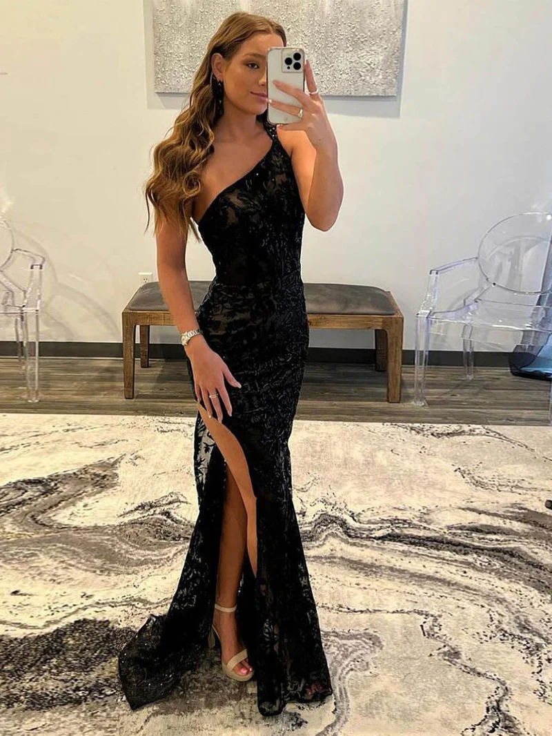 Mermaid One Shoulder Lace Prom Dress with Silt gh2691