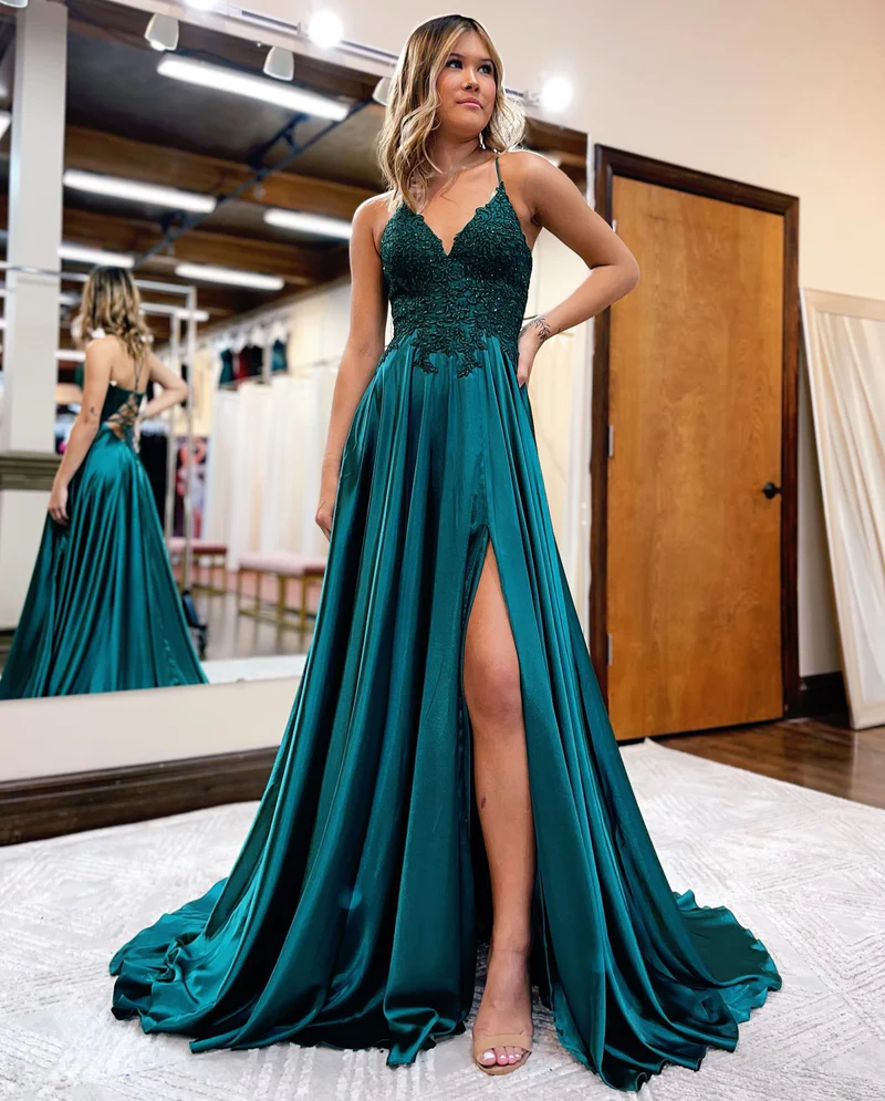 A-line Spaghetti Straps Corset Back Prom Dress With Split gh2670