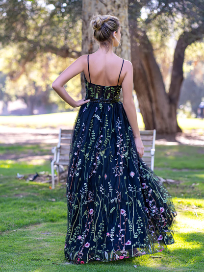 V-neck Spaghetti Straps Applique Tulle Floor Length Prom Dress gh2695