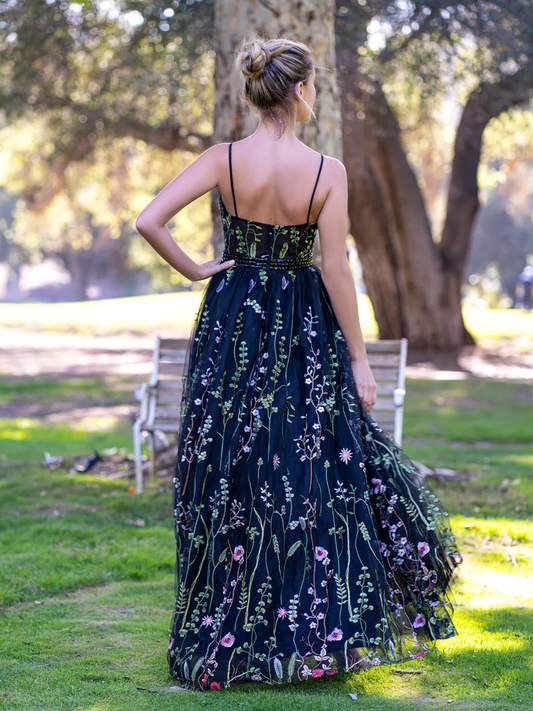 V-neck Spaghetti Straps Applique Tulle Floor Length Prom Dress gh2695