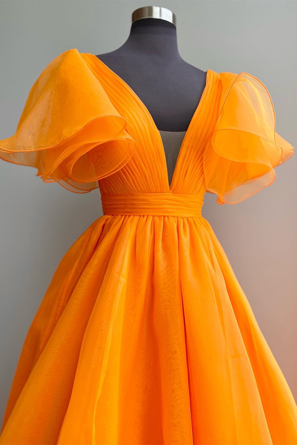 Orange A-line Long Formal Dress with Flutter Sleeves  gh2072