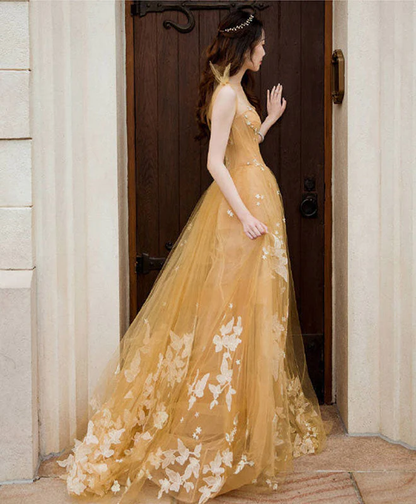 Champagne tulle lace long prom dress, tulle lace evening dress gh2231