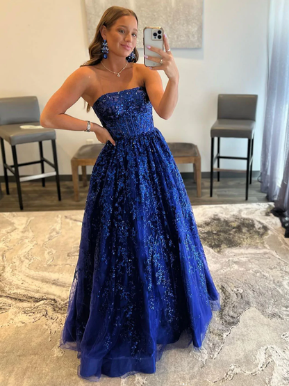 Blue A line tulle sequin long prom dress, blue tulle evening dress  gh2213