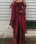 Vintage Burgundy Chiffon Spaghetti Strap A-Line Long Prom Dress Party Dress Evening Dress TP4398