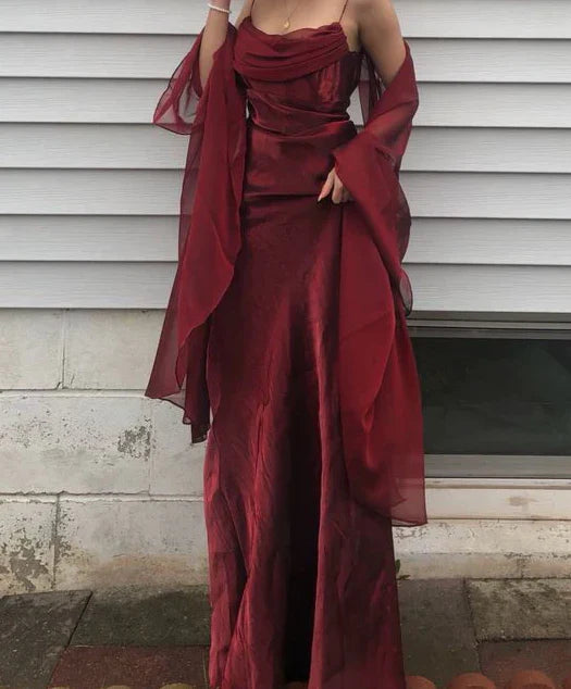 Vintage Burgundy Chiffon Spaghetti Strap A-Line Long Prom Dress Party Dress Evening Dress TP4398