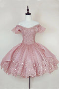 Vintage Shiny Pink Beaded Homecoming Dress Off-the-shoulder Party Dress Short A-Line Cocktail Dress TP4657