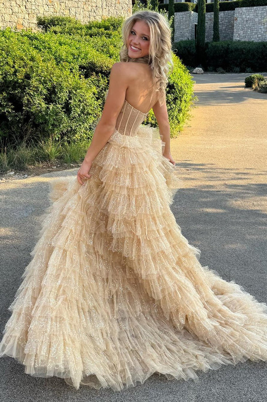 A Line Strapless Corset Glitter Tulle Prom Dress with Ruffles gh2683