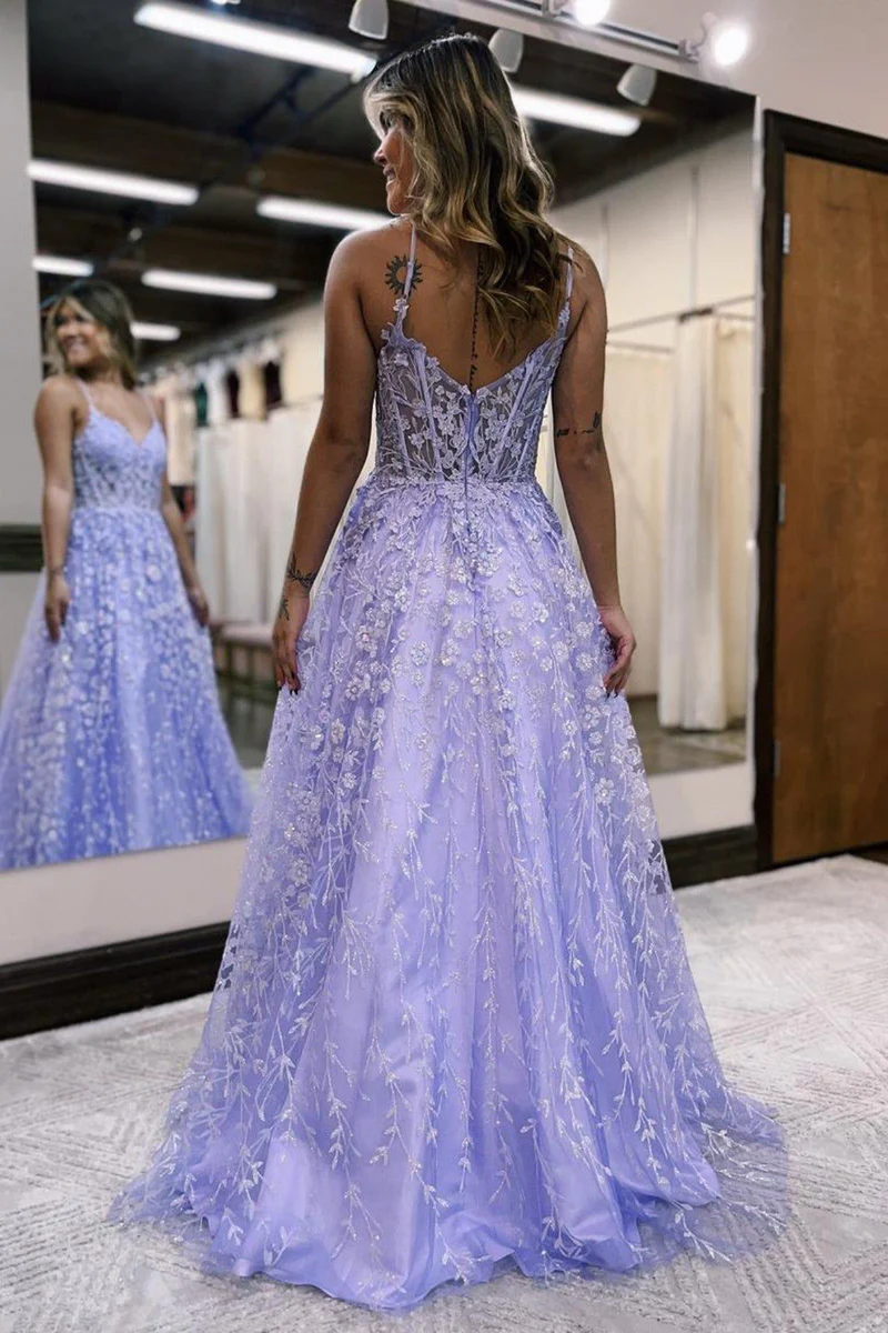 A Line Spaghetti Straps Lilac Corset Prom Dress with Appliques gh2675