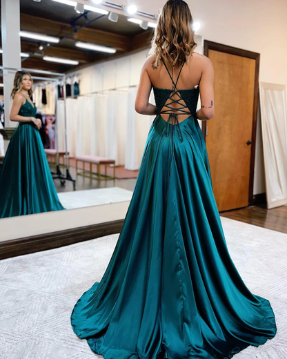 A-line Spaghetti Straps Corset Back Prom Dress With Split gh2670
