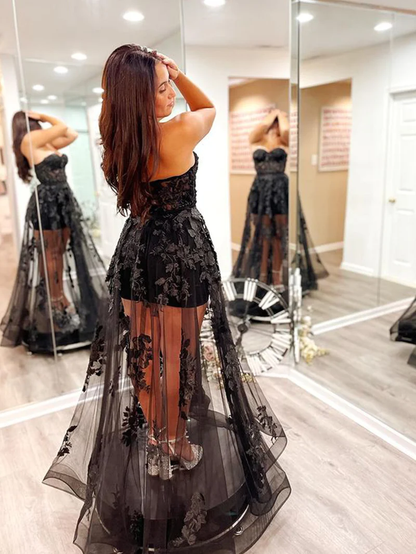 A Line Strapless Tulle Lace Prom Dress gh2682
