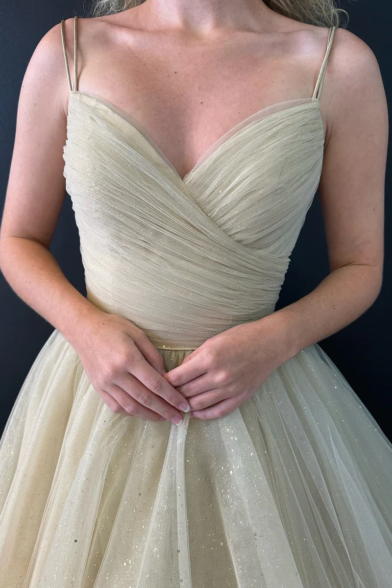 A line V Neck Glitter Tulle Prom Dress with Lace up Back gh2706