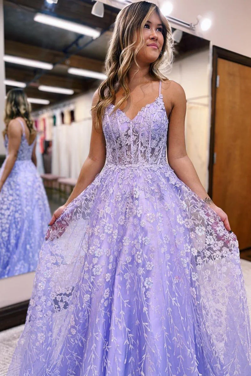 A Line Spaghetti Straps Lilac Corset Prom Dress with Appliques gh2675