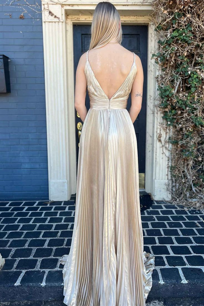Plunging V-Neck Pleated Long Prom Dress gh2988