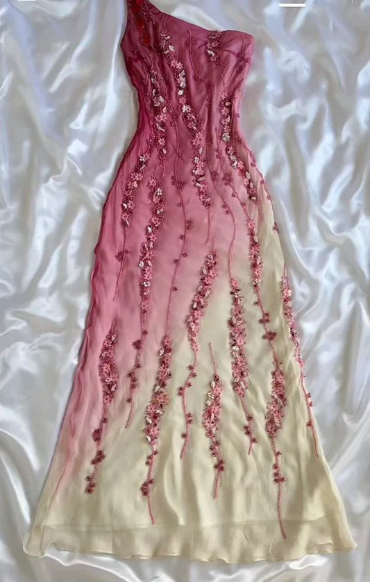 Pink fashion elegant one shoulder gradient beaded A-line long ball gown evening dress gh2938