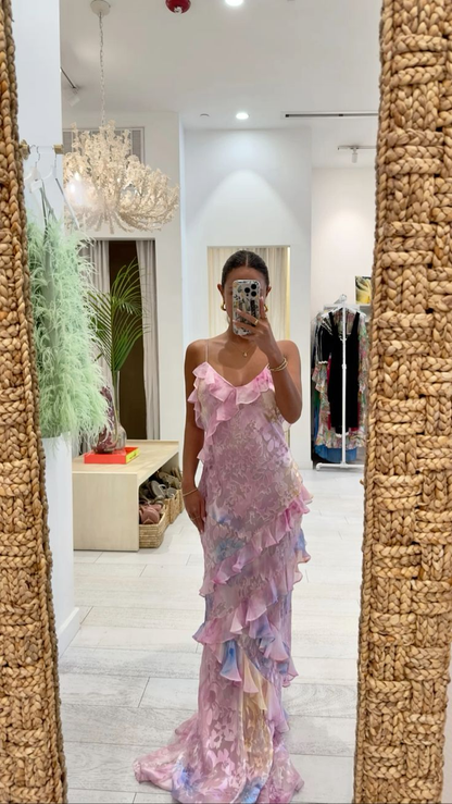 Dreamy elegant spaghetti strap pink layered ruffle maxi dress long chiffon evening gown Prom Dress gh2905