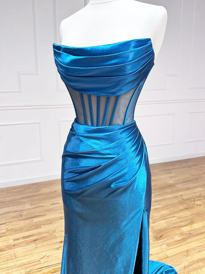 Gorgeous Blue Strapless Pleated Long Slit Prom Dress P573