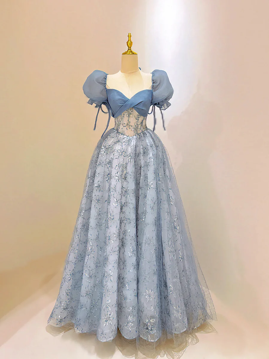 Gorgeous Blue Tulle Lace Long Prom Dress P572