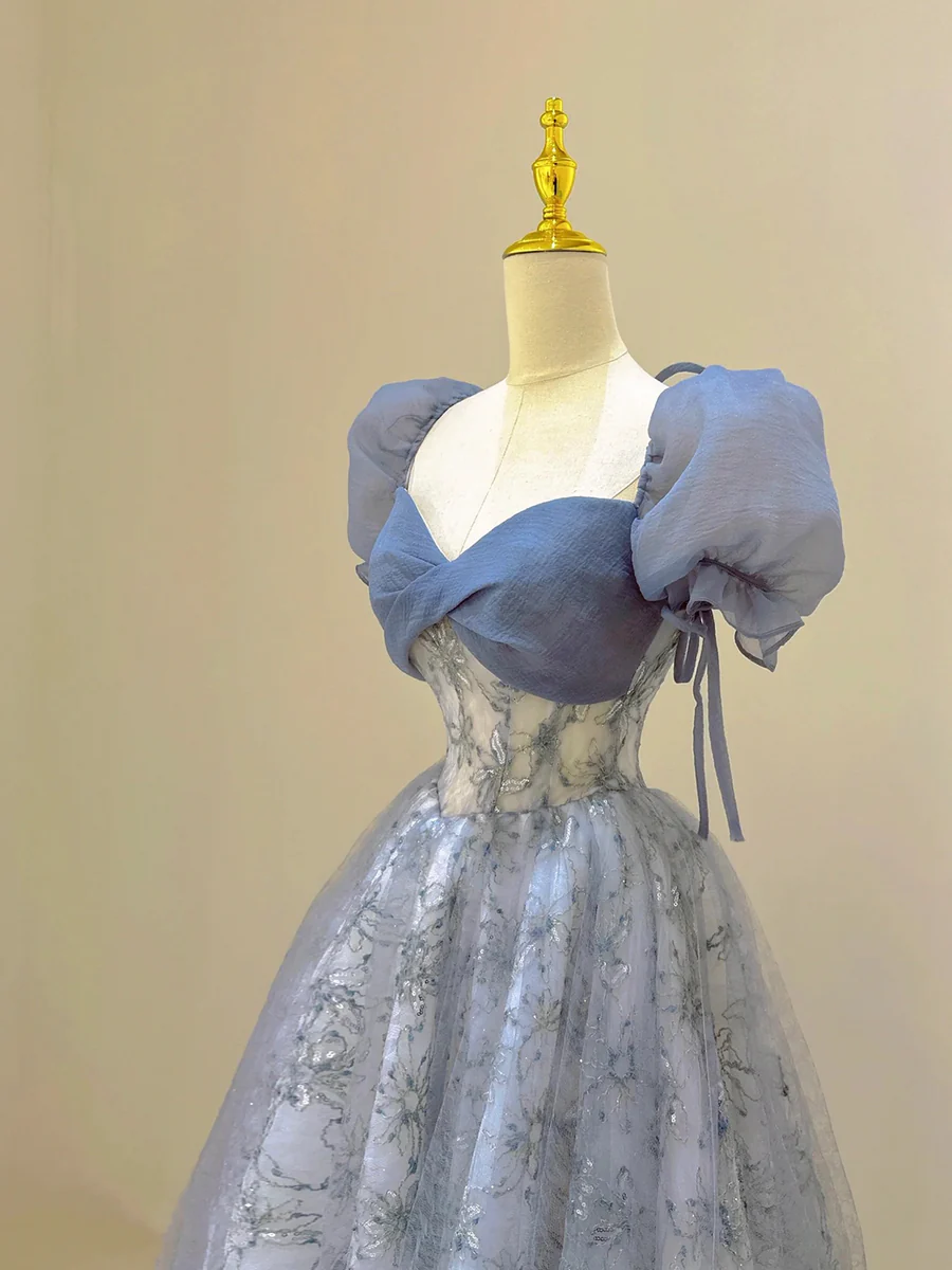 Gorgeous Blue Tulle Lace Long Prom Dress P572