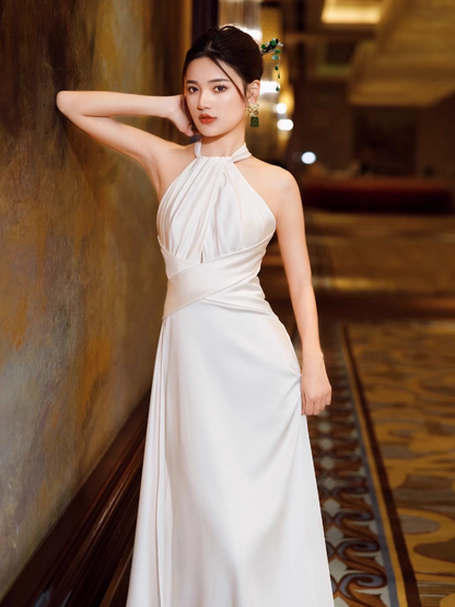Simple Mermaid Halter Party Dresses Long White Prom Dresses P731