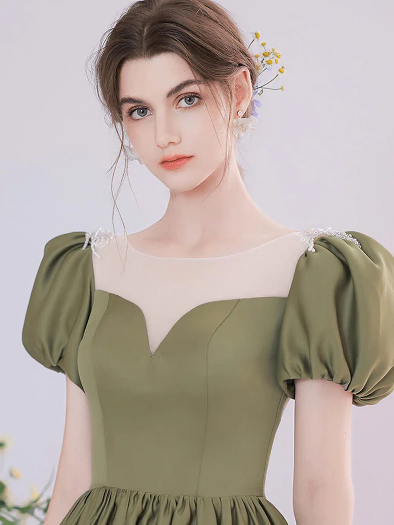 A-Line Green Satin Tea Length Prom Dress P736