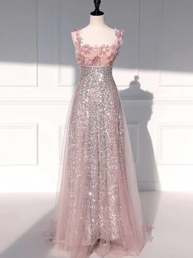 Princess A Line Straps Party Dress Sequin Pink Prom Dress P868