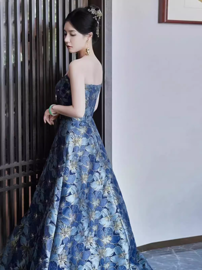 Vintage A line Strapless Party Dresses Long Blue Prom Dresses P943
