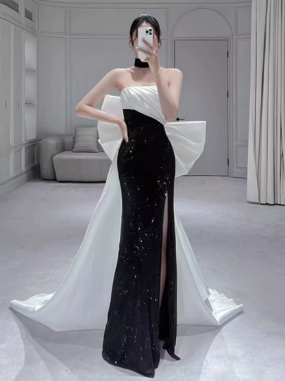 Mermaid Strapless Black Satin Long Slit Prom Dresses P1012