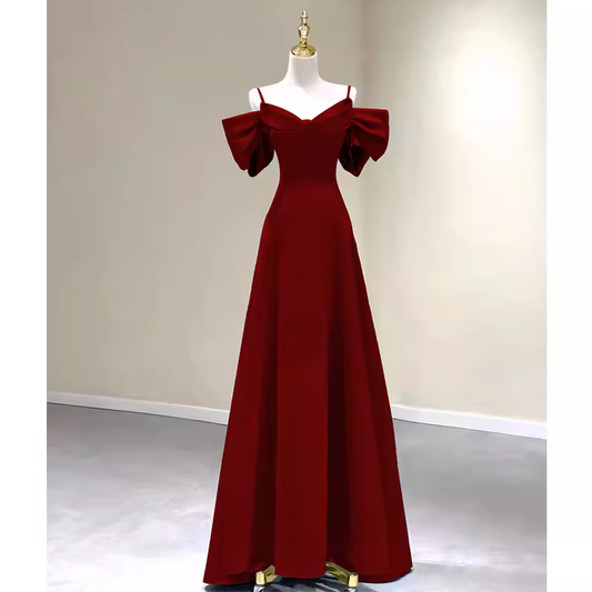 Simple A line Straps Red Satin Long Prom Dresses P1017