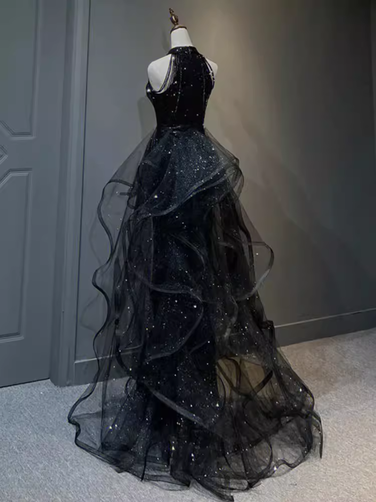 Vintage A line Halter Black Party Dresses Sequin Prom Dresses P946