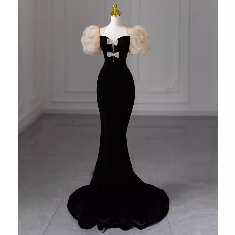 Sexy Mermaid Velvet Party Dresses Black Prom Dresses P1056