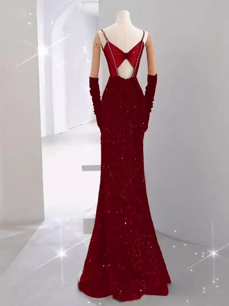 Girlhomeshops-Burgundy Shiny Elegant Long Sequined Ball Gown Evening Dress Party Dress gh5027